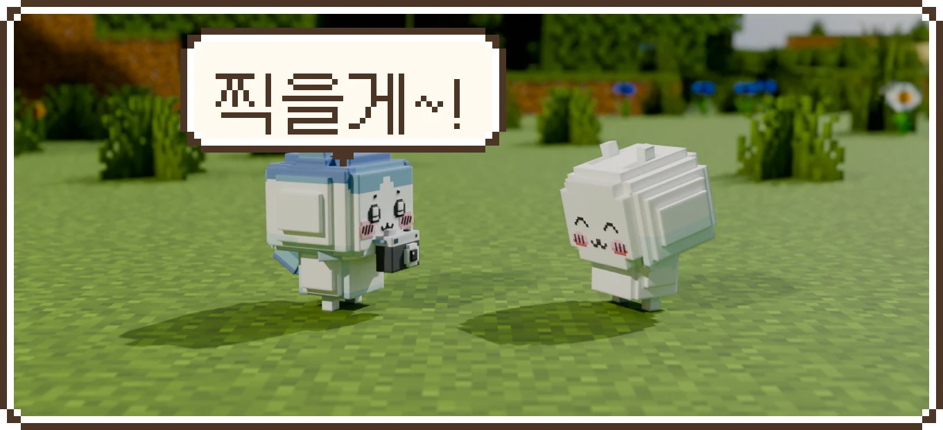카메라를 든 하치와레와 수줍게 포즈를 잡는 치이카와